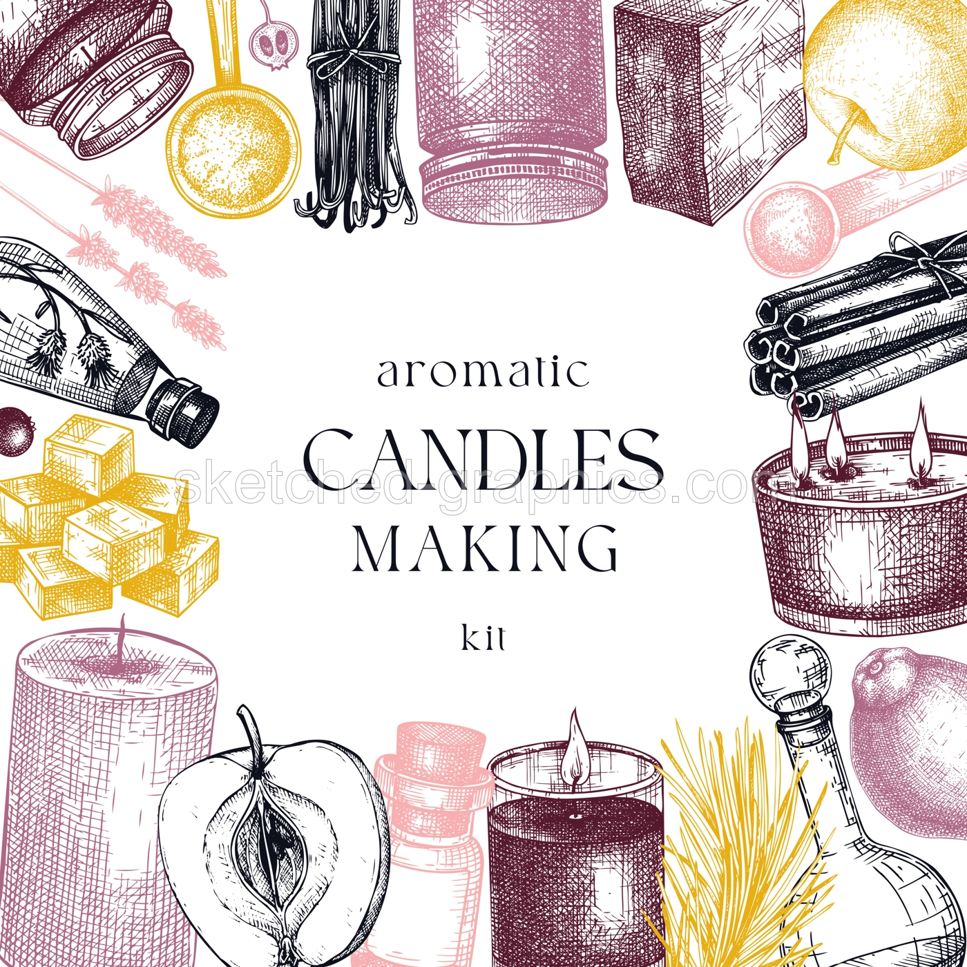 Hand sketched candle-making card design. Vintage candles, herbs, wax, fruits, spices, skewers hand drawings frame. Perfect square template for aromatherapy, hobby, handcrafts, candle making, package Illustration